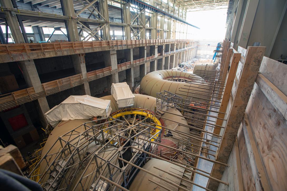 Spiral case units 1, 2, and 3, are under construction in the powerhouse. | July 2021