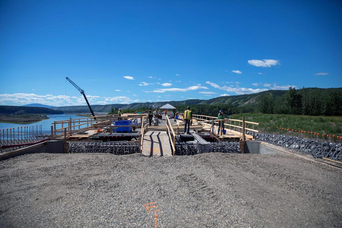 The east end of the Farrell Creek bridge from the east abutment, showing temporary access ramp. | July 2022