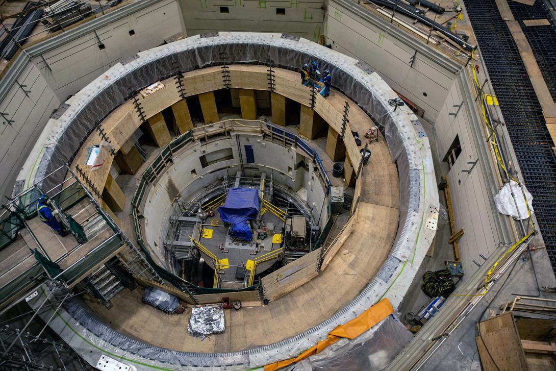 Assembling the unit 2 stator core and machining the stay ring flanges. The stator core helps transfer the magnetic field from the rotor into the winding. | January 2023