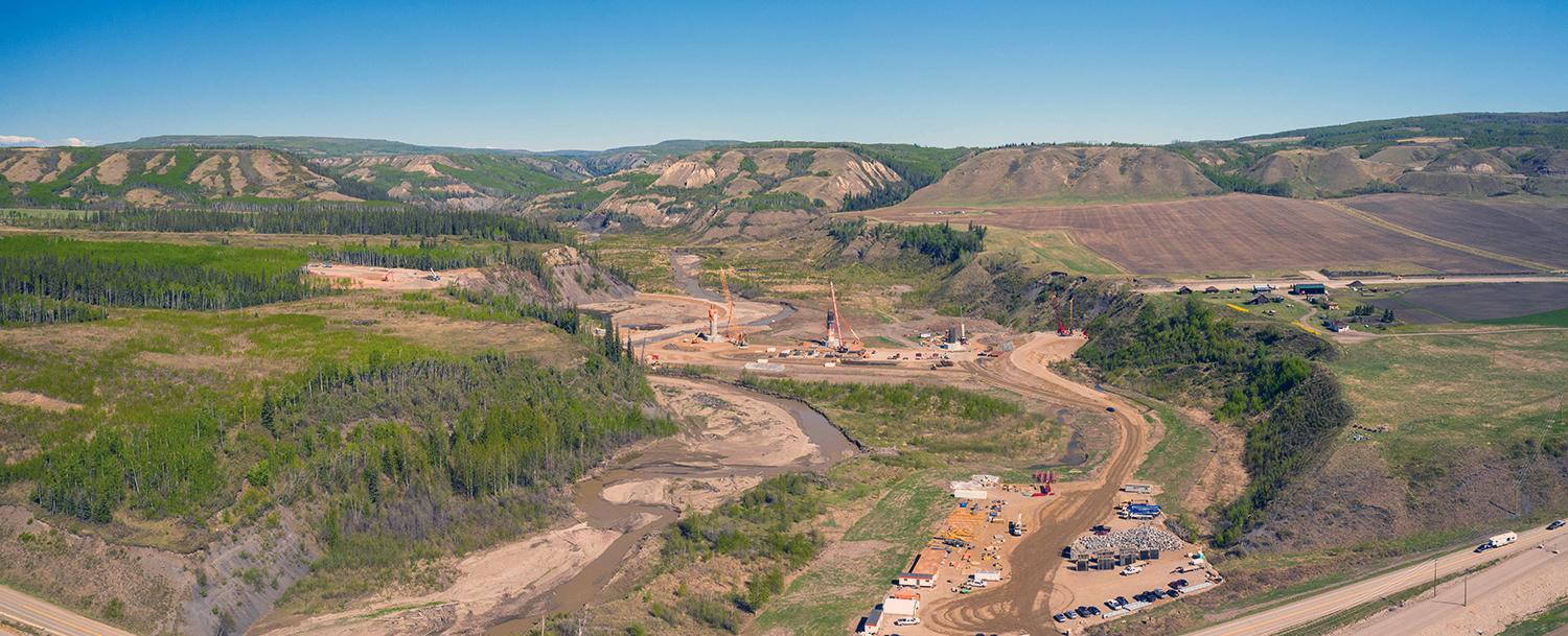 Construction on the Highway 29 realignment at Cache Creek. Crews are working on grading, drainage and bridge foundation works. | May 2021