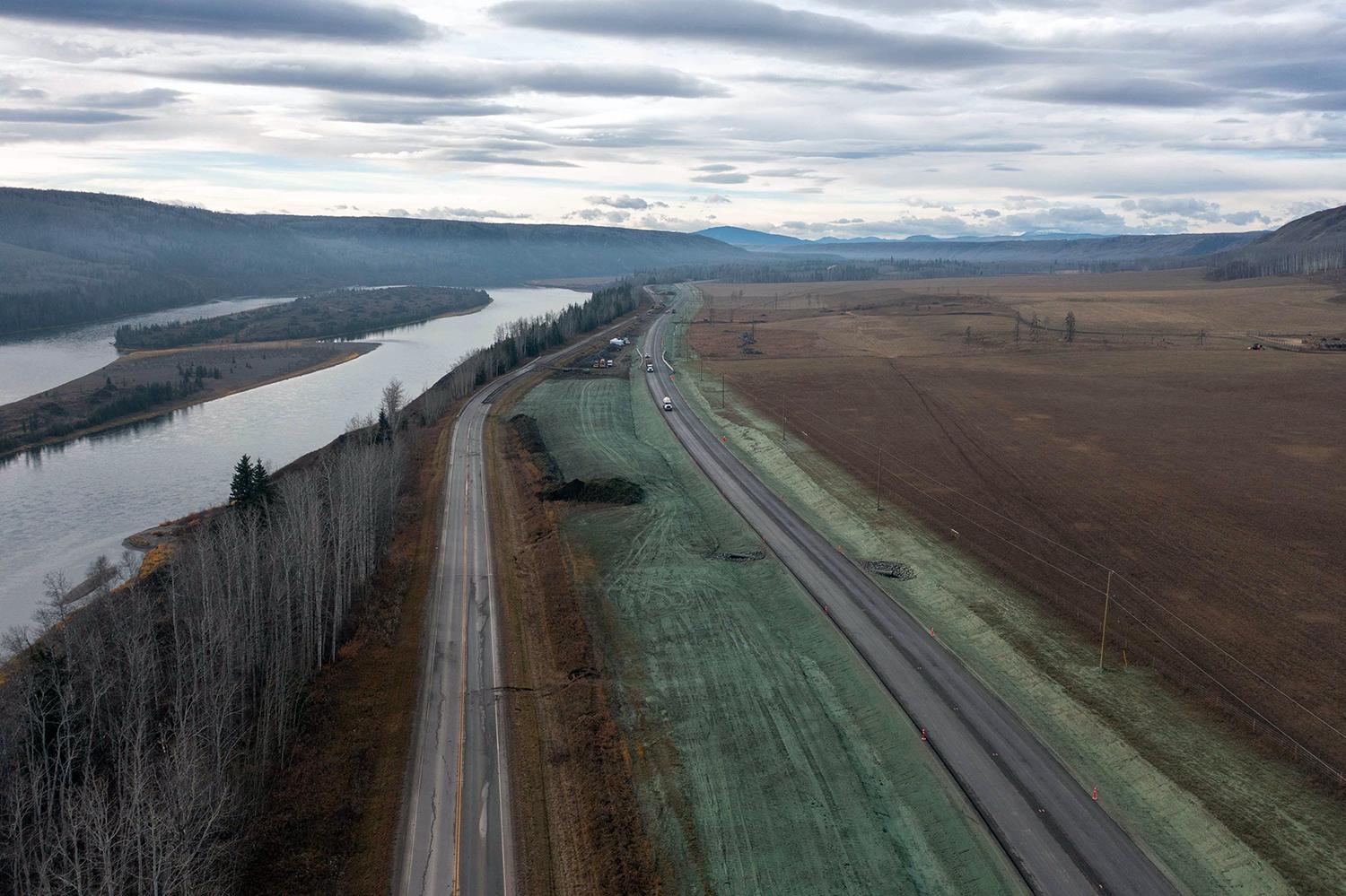 The Farrell Creek east realignment on Highway 29 is open to traffic; hydro-seeding is underway along the sides. | October 2021