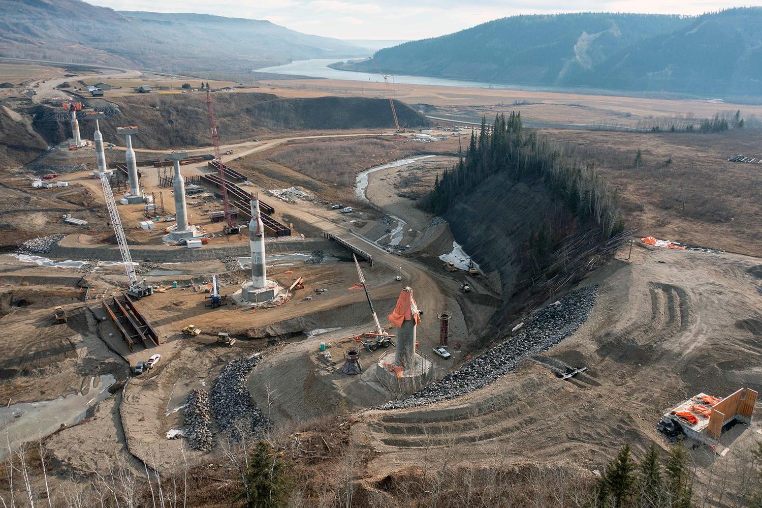 A pier is tarped to protect the transition cone on the Cache Creek bridge.