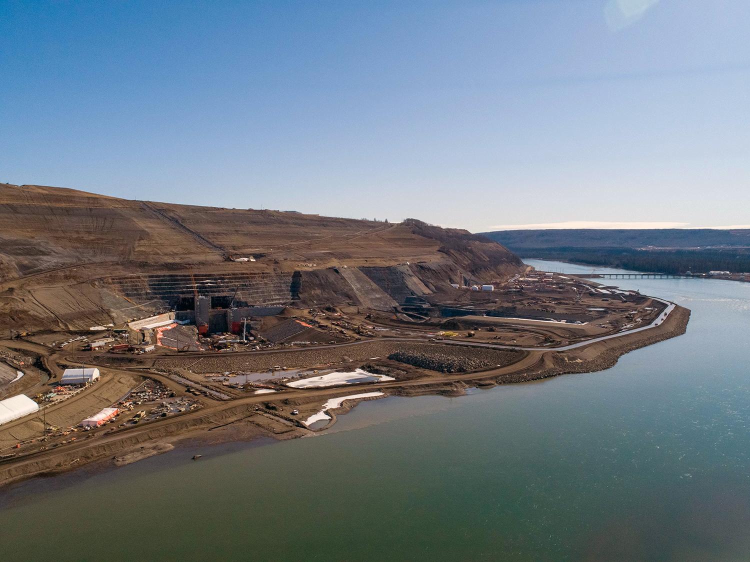 An aerial view of the upstream area of the inlet portal on the north bank. | April 2020