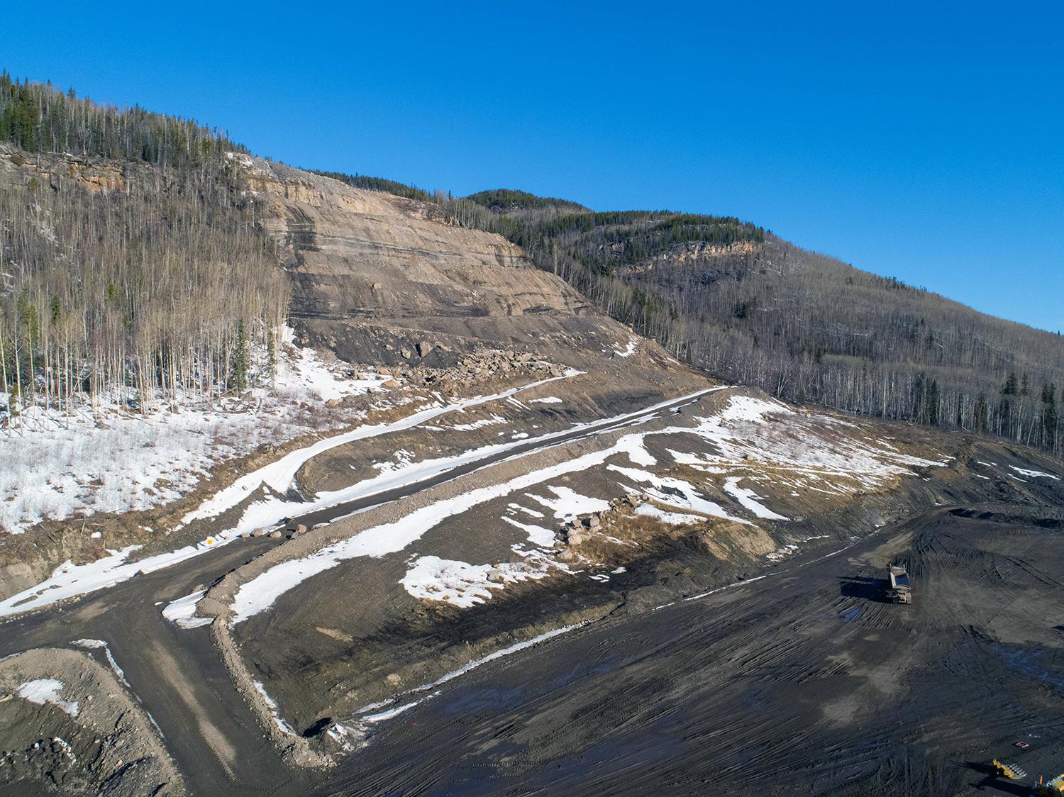 The lower rip-rap stockpile area at the bottom of Portage Mountain. | April 2020