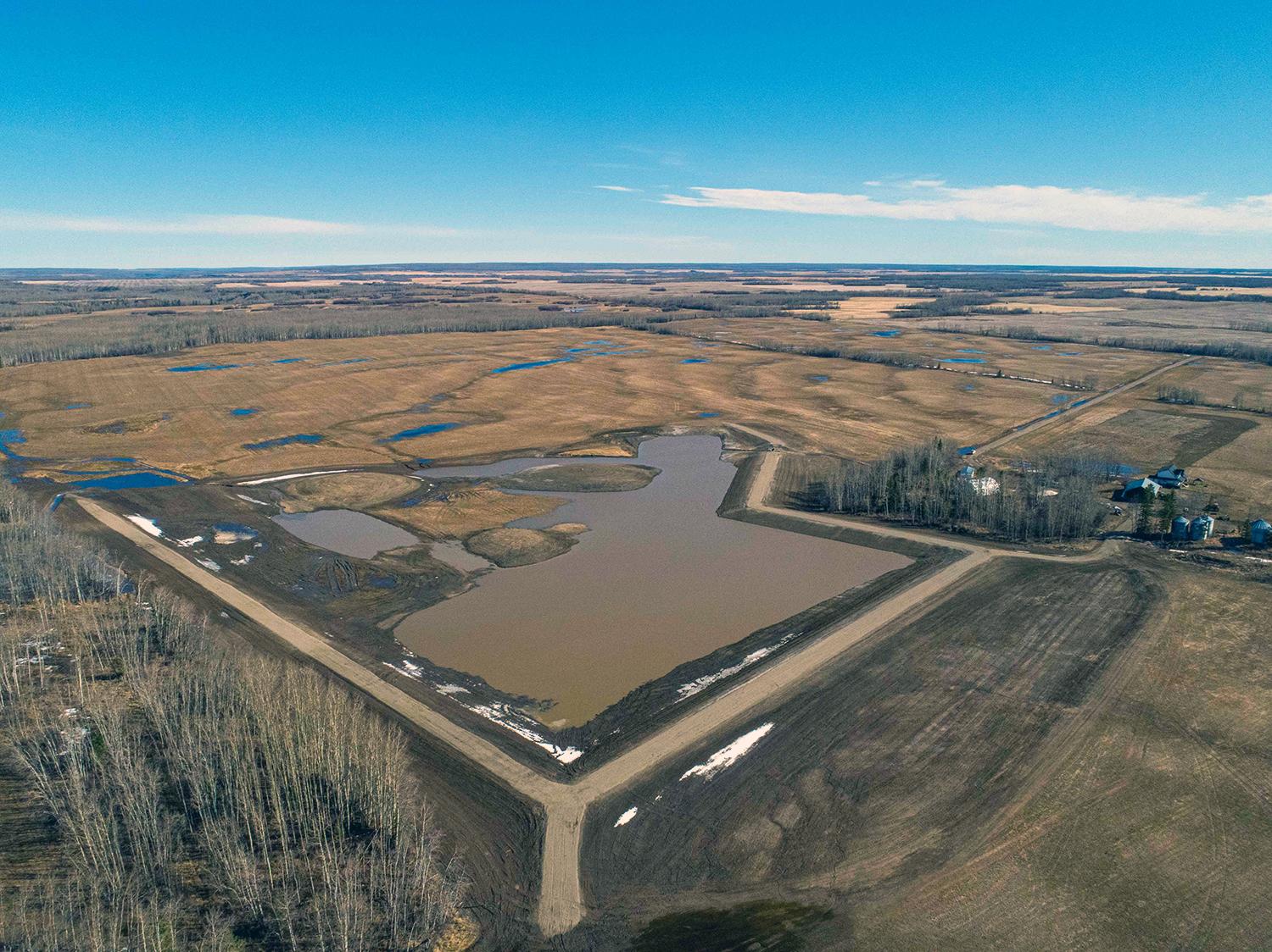 An aerial view of the main basin at the restored Golata Creek wetlands. | April 2020