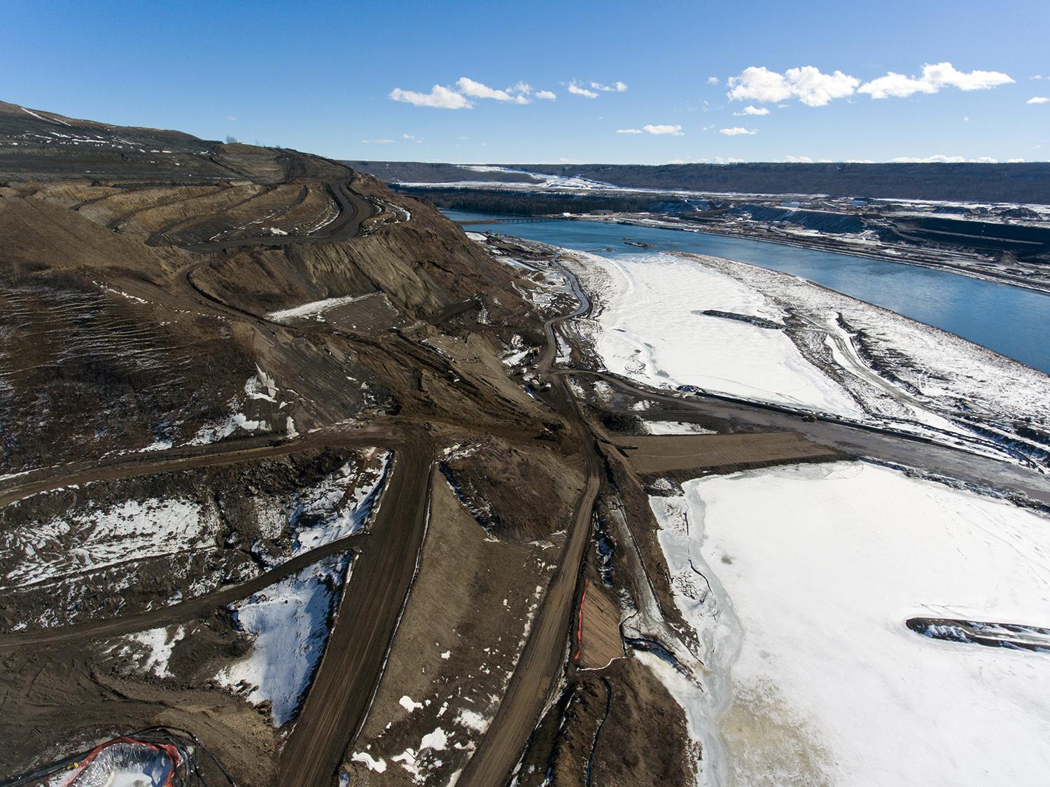 Aerial view of Toe Berm construction Left Bank looking downstream | March 2017