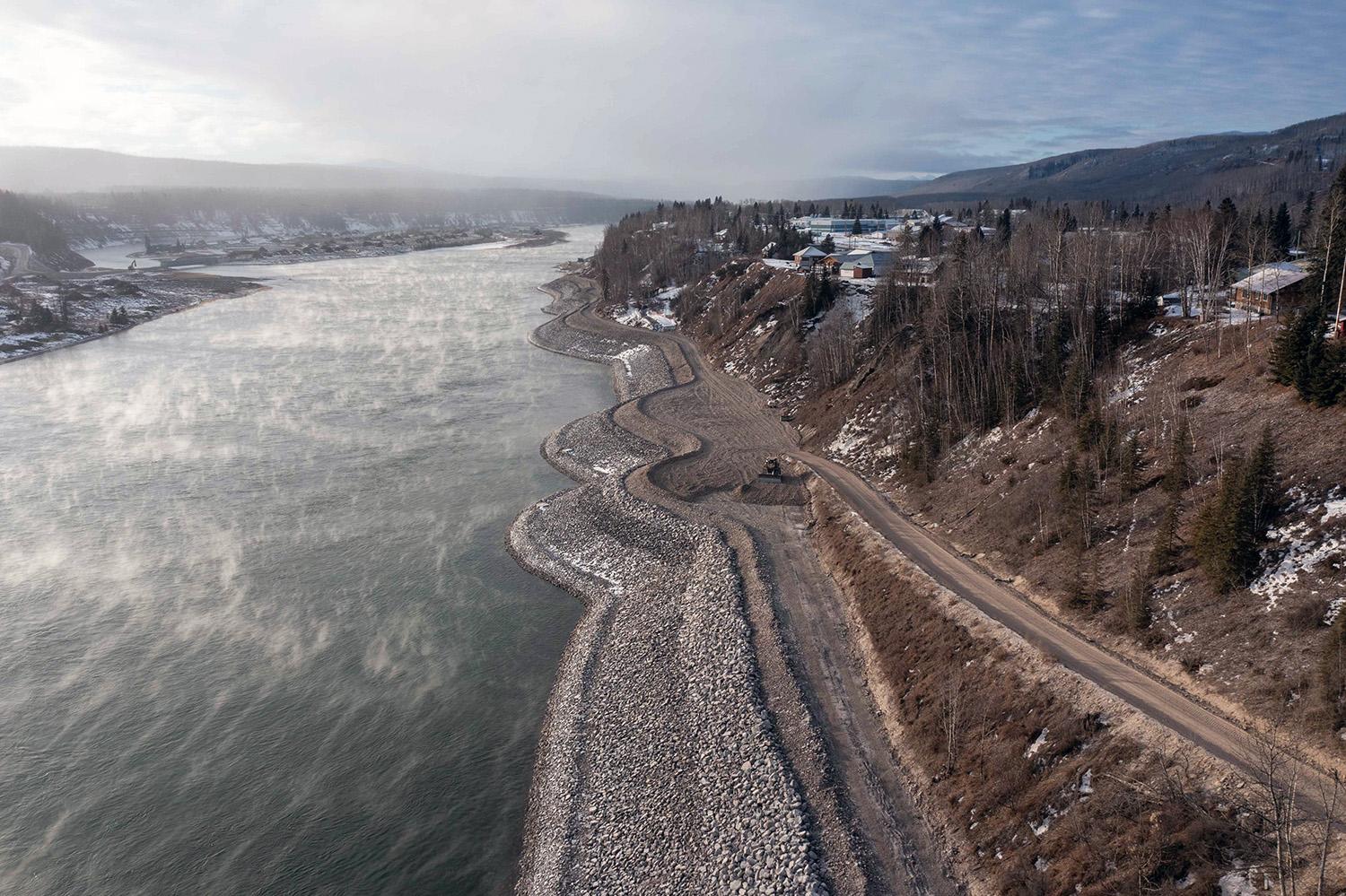 Aerial of the DA Thomas Rd. along the Hudson’s Hope shoreline protection berm. | December 2021