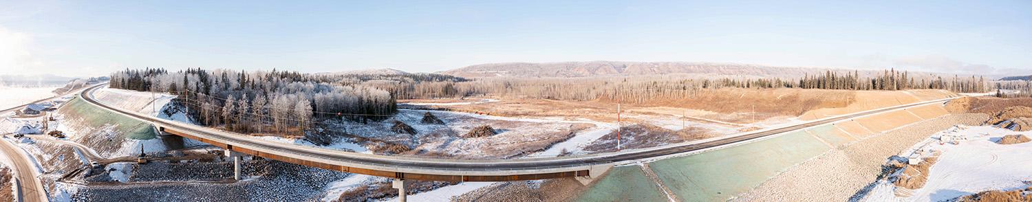 Panorama of the completed Lynx Creek Bridge along Highway 29. | November 2022