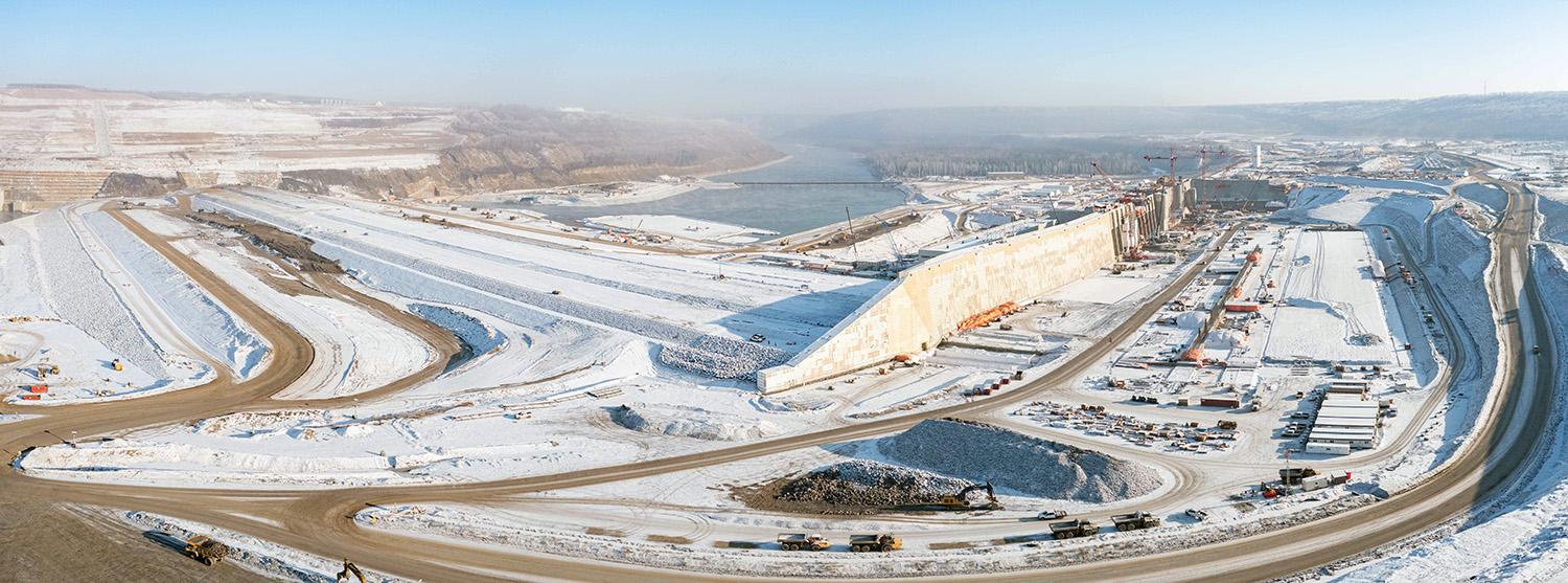 Northeast-facing over the approach channel, dam buttress and dam. | November 2022