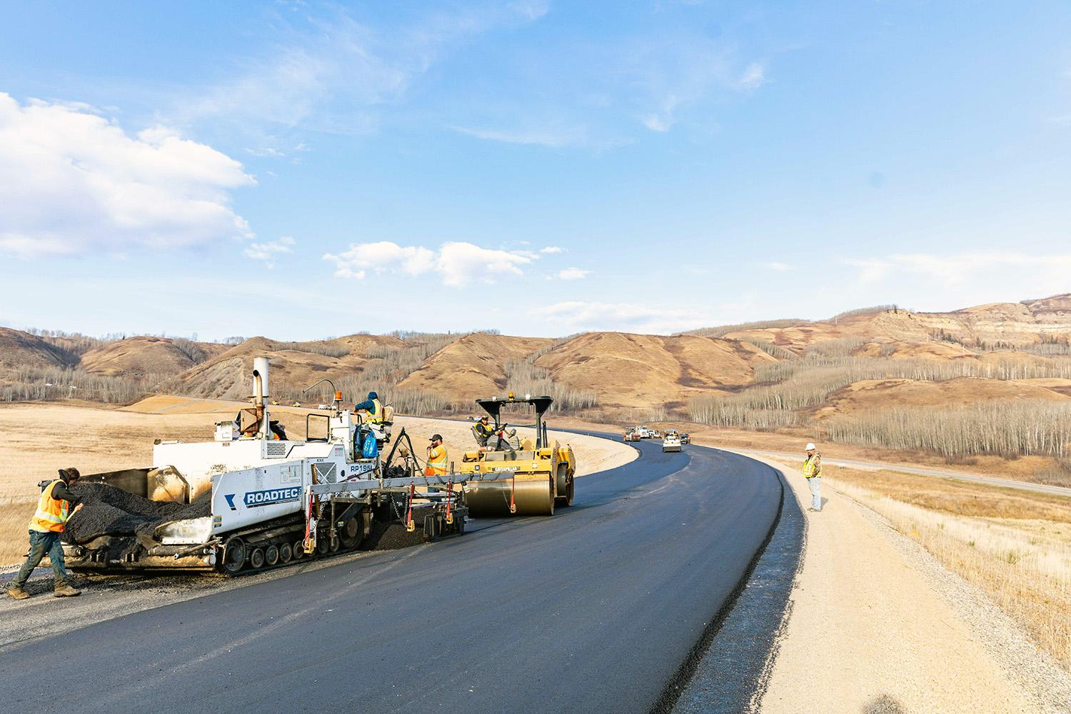 North-facing view of Highway 29 at Cache Creek east. Placing the top-lift of asphalt on the Highway 29 road realignment. | October 2022