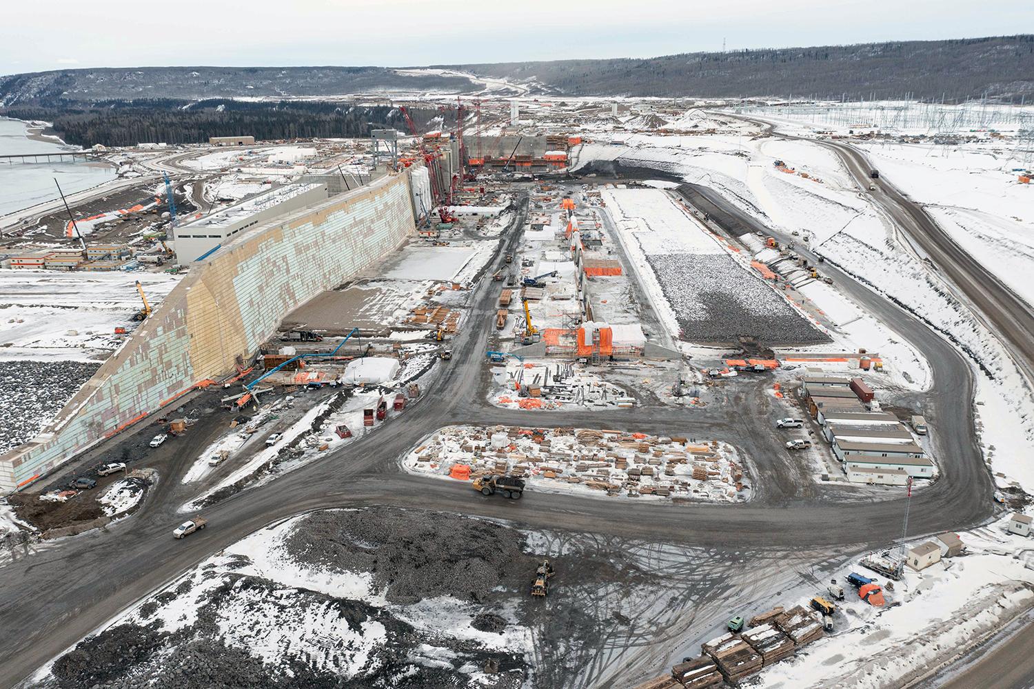 East-facing over the approach channel where water will flow from the reservoir through the intakes into the powerhouse to generate electricity. | February 2023