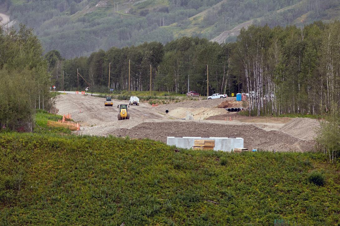 Placement of the granular sub-base for the Farrell Creek road realignment along Highway 29. | August 2021