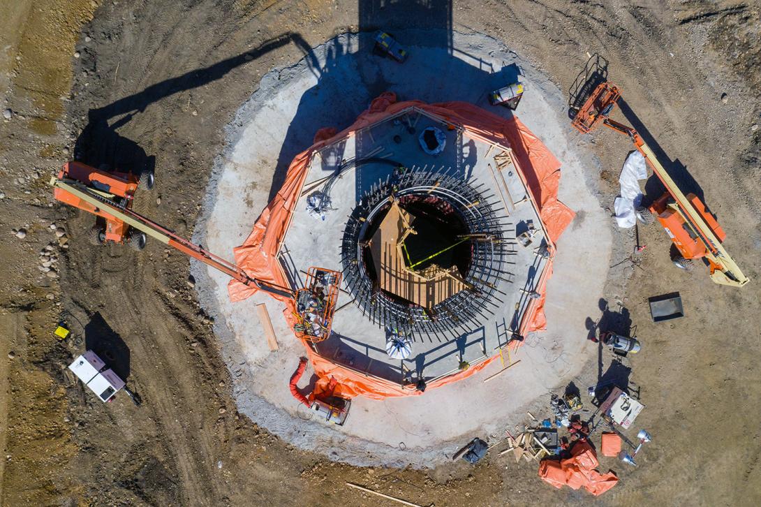 Top view of pier formwork and rebar construction showing the interior hollow column. | April 2021