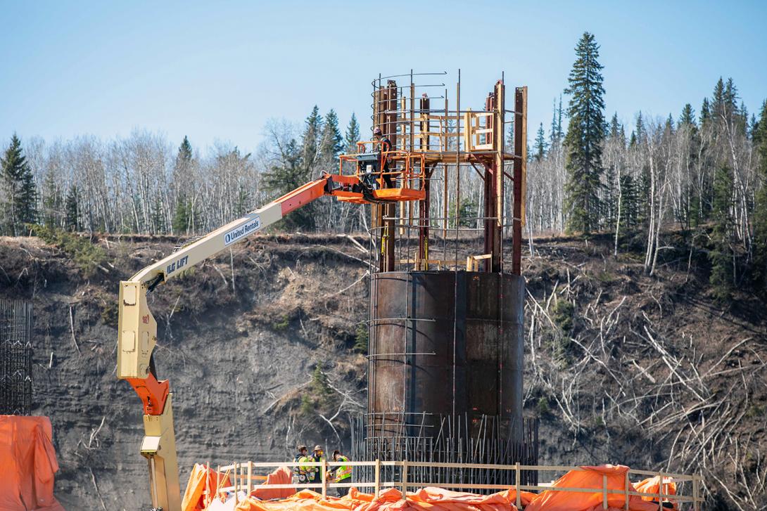 Crews construct one of the piers for the new Cache Creek bridge on Highway 29. | April 2021