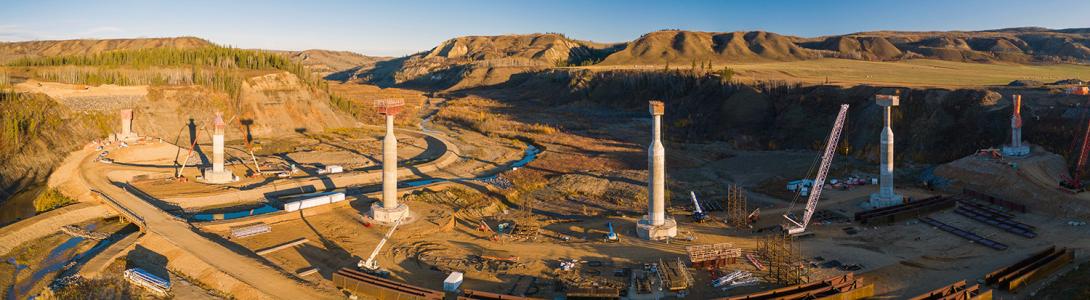 Panoramic view of the Highway 29 Cache Creek east road realignment and bridge foundations. | October 2021