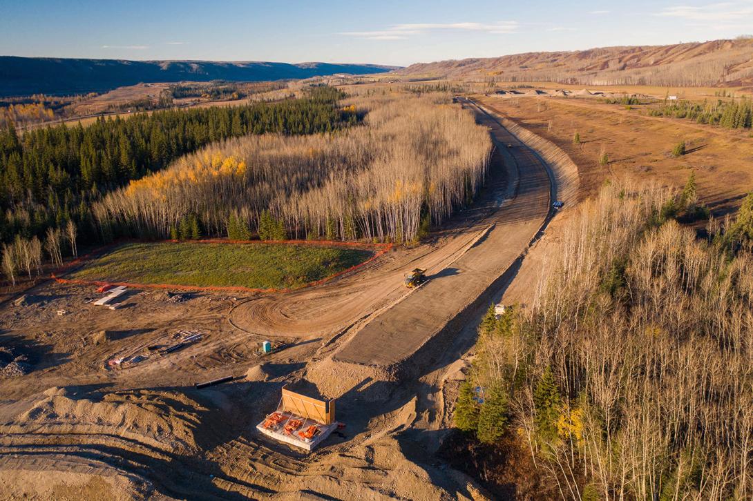 Cache Creek west bridge abutment and completed subgrade for the Highway 29 realignment. | October 2021