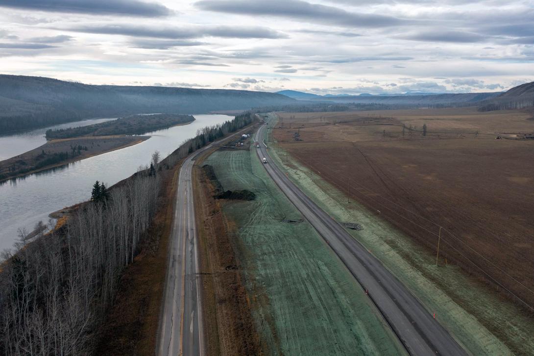 The Farrell Creek east realignment on Highway 29 is open to traffic; hydro-seeding is underway along the sides. | October 2021 