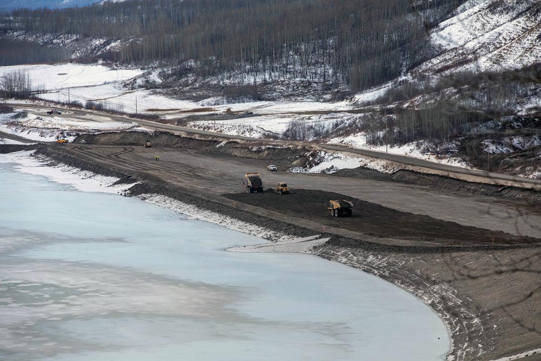 An aerial view of the new Lynx Creek embankment on Highway 29. | December 2020