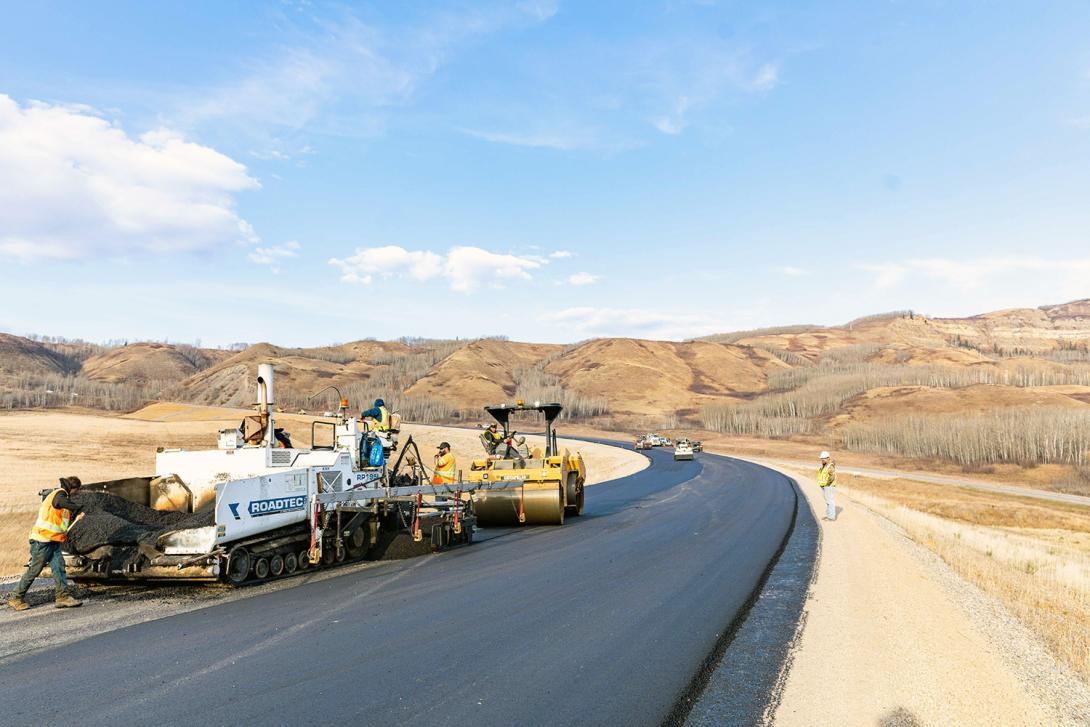 North-facing view of Highway 29 at Cache Creek east. Placing the top-lift of asphalt on the Highway 29 road realignment. | October 2022