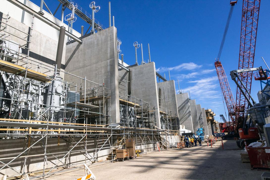Three sets of three protection  walls are completed where the step-up transformers will be installed.  Each transformer will step up the voltage from the generators from 13,700 volts to 500,000 volts. | May 2024