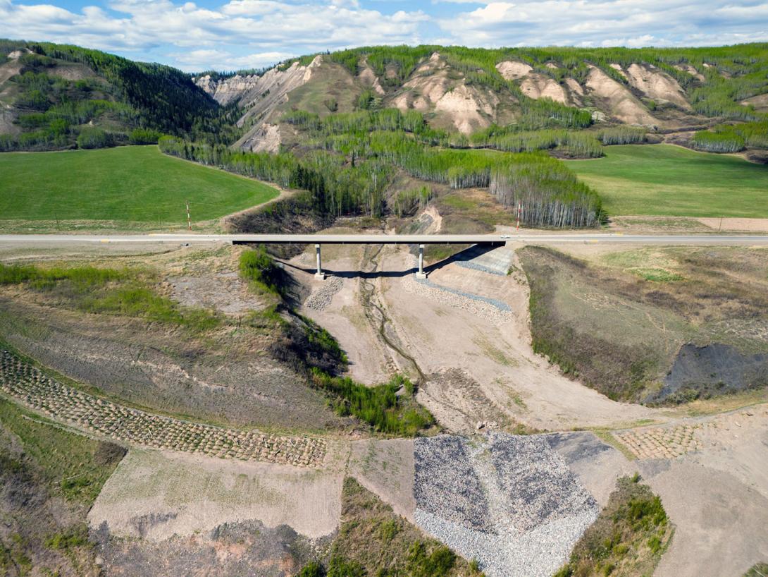 The 1.5-kilometre Dry Creek bridge runs along Highway 29, north of the Peace River. | May 2024