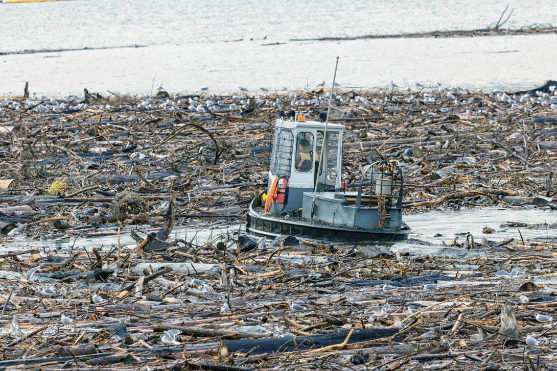 This sidewinder boat helps move logs and wood debris from the reservoir to the shoreline. | September 2024