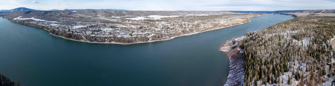 Panorama of the District of Hudson’s Hope next to the Site C reservoir. | January 2025