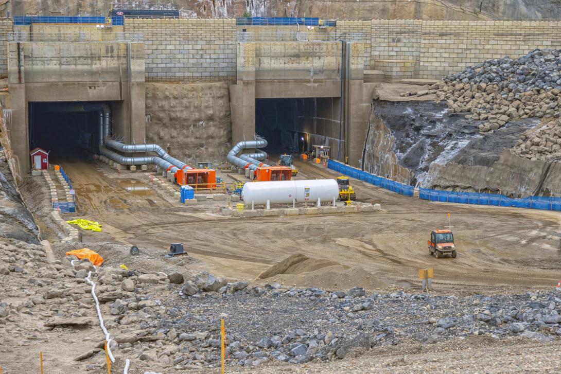 The diversion tunnel exits. Temporary ventilation maintains airflow in the tunnels while backfilling is underway. | June 2025