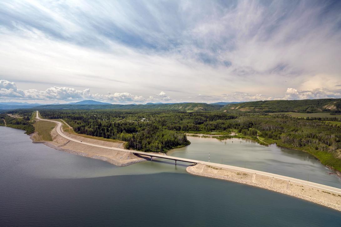 The Site C reservoir at the Lynx Creek bridge and road alignment on Highway 29. | July 2025