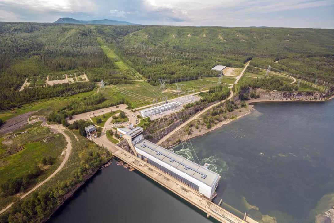 The Peace Canyon Switchyard (centre) near Hudson’s Hope is the junction where power generated from the GM Shrum and Site C generating stations passes into the provincial power grid. | July 2025