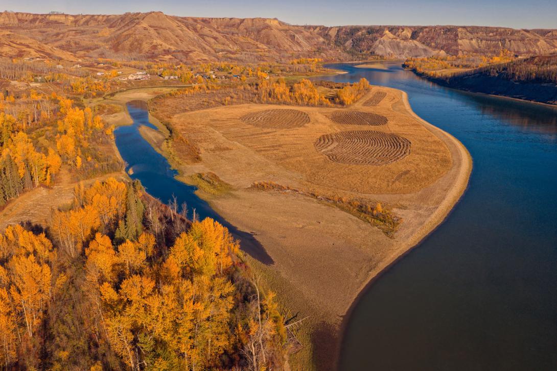 This island downstream of the Site C dam was contoured and the shoreline deepened to provide fish habitat. The reclamation planting was completed in 2024 with balsam poplar, coyote willow, river alder, paper birch, red osier dogwood, wolf willow, prickly rose, choke cherry, and white spruce. | October 2025